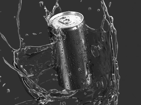 Lattina nera elegante da 250 ml con spruzzata: soda che cade in gocce d'acqua Modello 3D