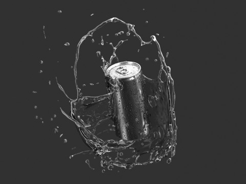 Black 250ml Sleek Can With Splash - soda falling in water drops 3D Model