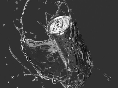 Black 250ml Sleek Can With Splash - soda falling in water drops 3D Model