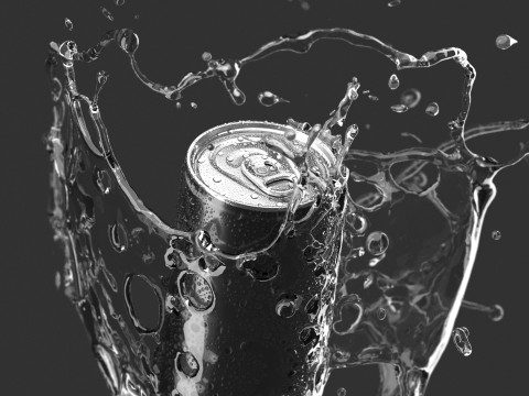 Black 250ml Sleek Can With Splash - soda falling in water drops 3D Model
