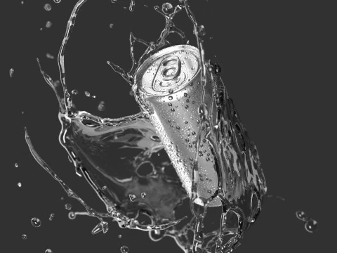 Lattina sottile argento da 250 ml con goccioline - soda di alluminio in spruzzi di liquido Modello 3D