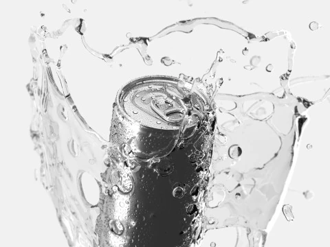 Lattina in alluminio argento con spruzzata - Bevanda gassata da 250 ml con gocce Modello 3D