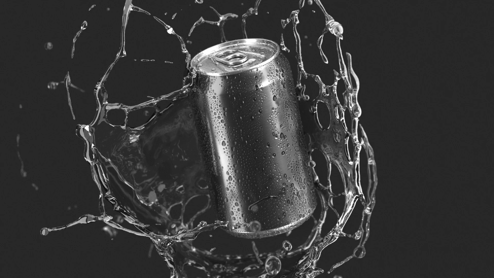 Black 330ml Can With Splash - soda drink with drops 3D Model .c4d .max .obj .3ds .fbx .stl .blend 
