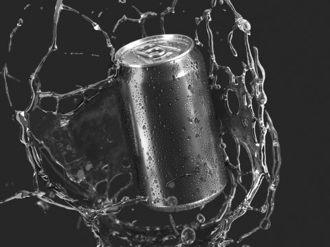 Black 330ml Can With Splash - soda drink with drops Modelo 3D