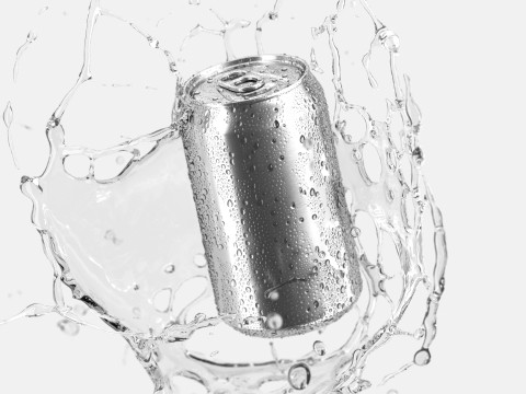 Silver Aluminum Can With Splash - 330ml soda falling in water drops 3D 모델