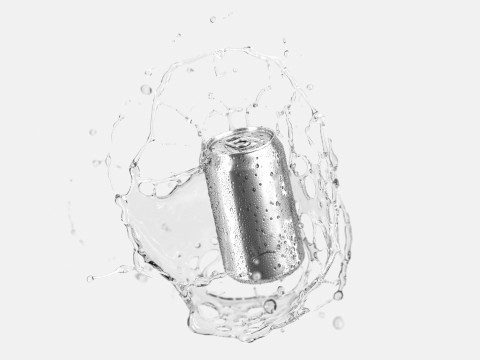 Silver Aluminum Can With Splash - 330ml soda falling in water drops 3D Model