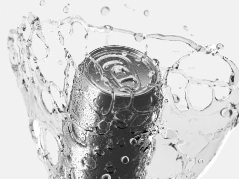 Silver Aluminum Can With Splash - 330ml soda falling in water drops 3D Model