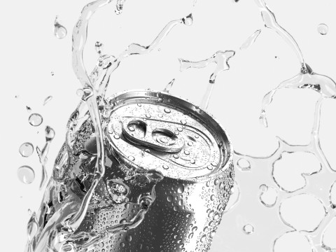Silver Aluminum Can With Splash - 330ml soda falling in water drops 3D Model