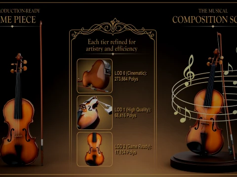 Stylized Violin and Bow - Two for One Pack 3D Model