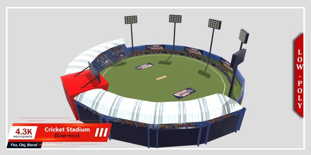 Low-poly Cricket Stadium 3D Model .c4d .max .obj .3ds .fbx .stl .blend 
