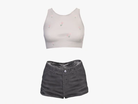 Женский мини-топ и джинсовые шорты из денима Low-poly 3D Модель