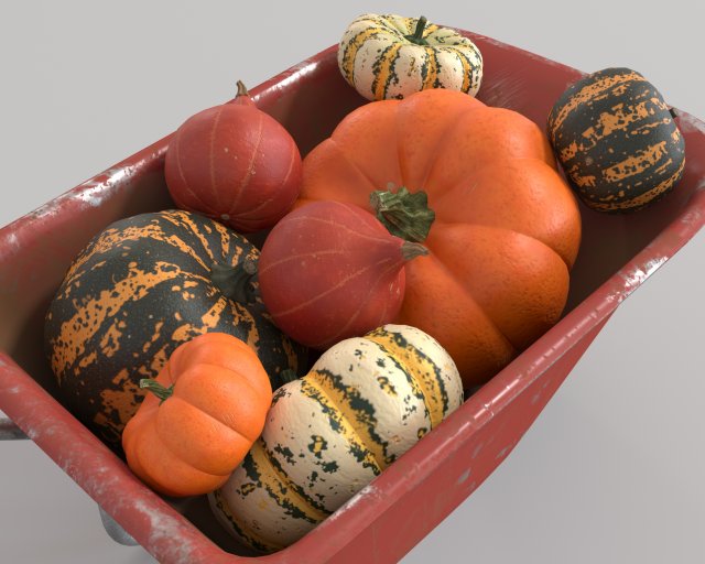 Wheelbarrow with pumpkins 3D मॉडल .c4d .max .obj .3ds .fbx .stl .blend