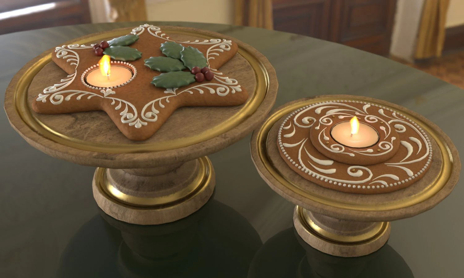Gingerbread cookies and candles on stands 3D Model .c4d .max .obj .3ds .fbx .stl .blend