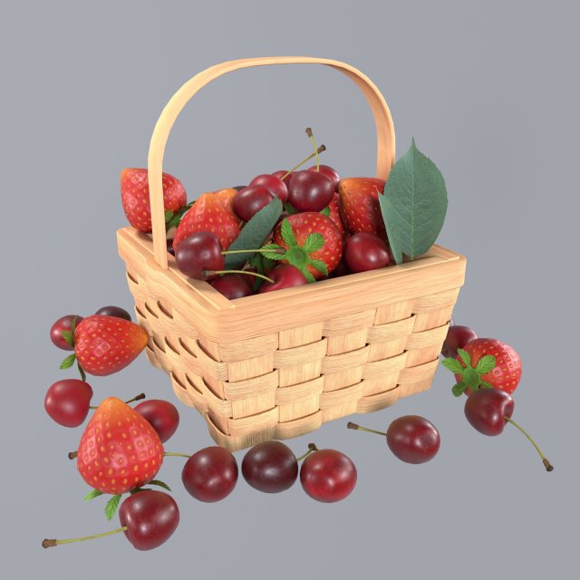 Basket with cherries and strawberries 3D Model .c4d .max .obj .3ds .fbx .stl .blend 