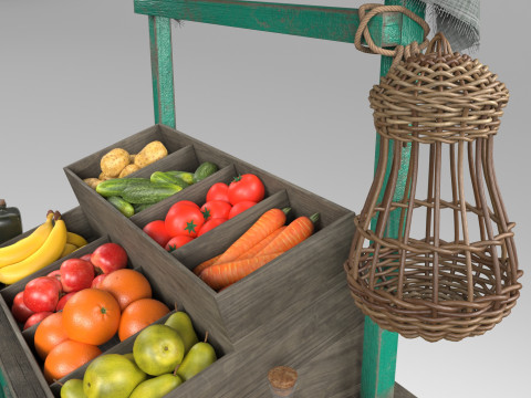 Vintage wheelbarrow counter with vegetables and fruits 3D Model