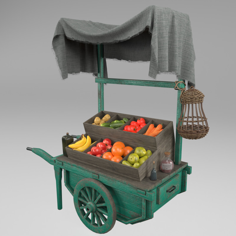 Vintage wheelbarrow counter with vegetables and fruits 3D Model .c4d .max .obj .3ds .fbx .stl .blend