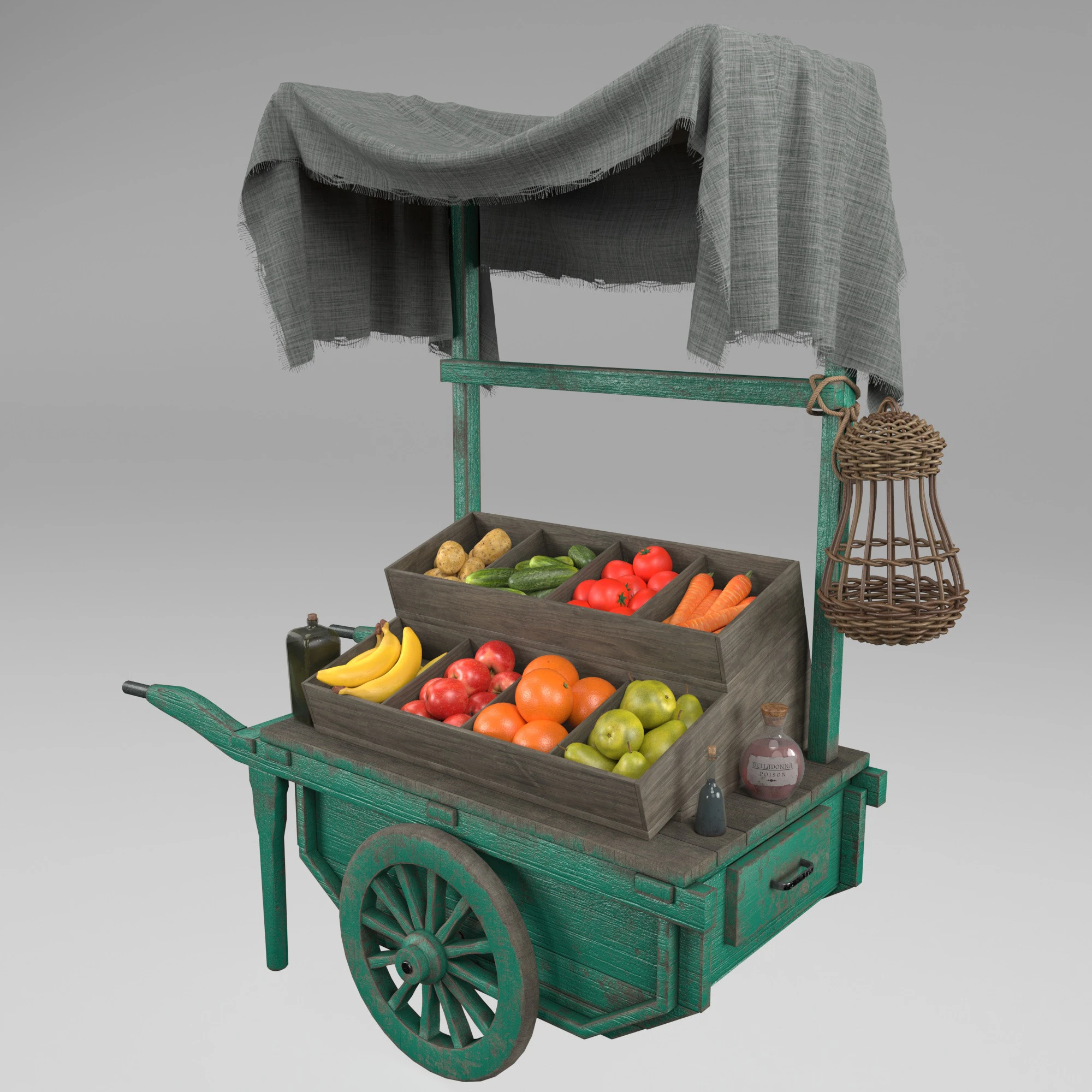 Vintage wheelbarrow counter with vegetables and fruits 3D Model .c4d .max .obj .3ds .fbx .stl .blend 