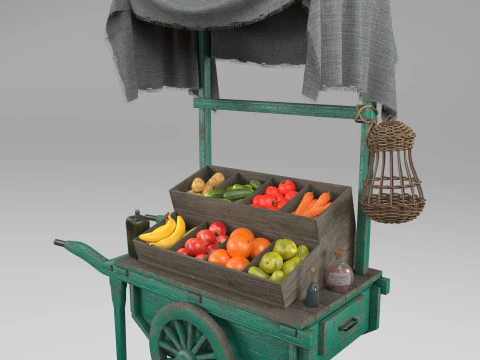 Vintage-Schubkarrentheke mit Gem&uuml;se und Obst 3D Modell