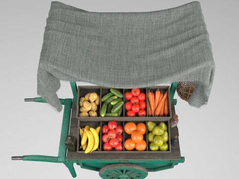 Vintage wheelbarrow counter with vegetables and fruits 3D Model