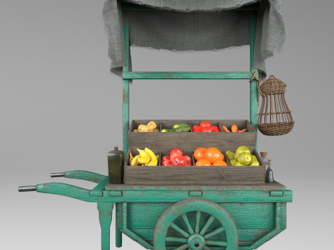 Vintage wheelbarrow counter with vegetables and fruits 3D Model