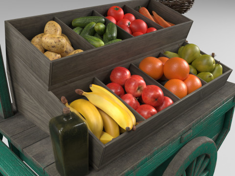 Vintage wheelbarrow counter with vegetables and fruits 3D Model