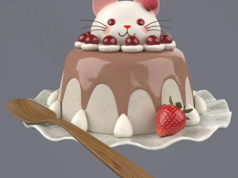 Dessert with a decorative cat 3D Model
