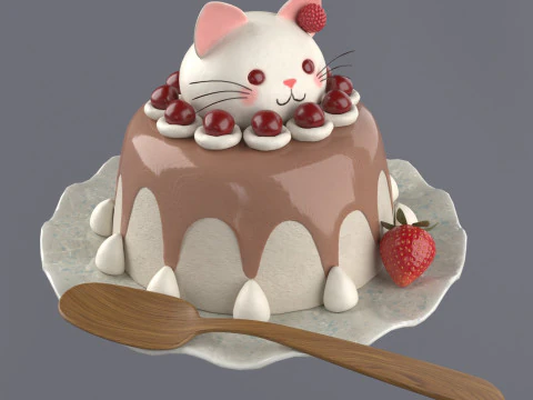Dessert with a decorative cat 3D Model