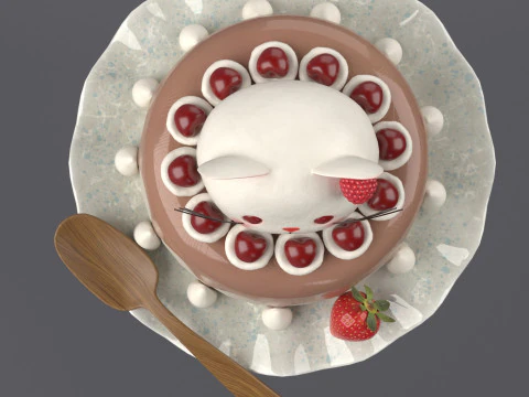 Dessert with a decorative cat 3D Model