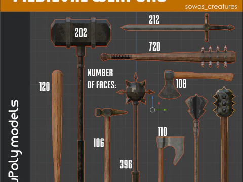 ローポリの中世の近接武器 3Dモデル