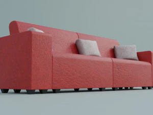 Red family couch with three pillows 3D Model