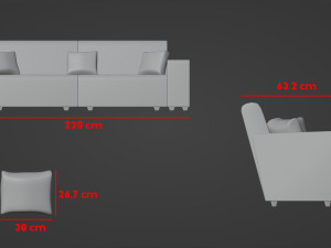 Red family couch with three pillows 3D मॉडल