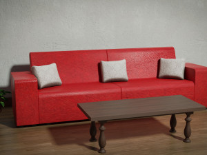Red family couch with three pillows 3D मॉडल