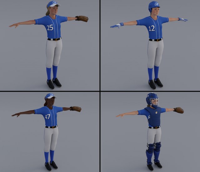 Female Softball Players Pack - Rigged 3D 모델 .c4d .max .obj .3ds .fbx .stl .blend 