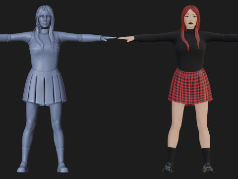 Anime Goth Girl - Rigged 3D Модель