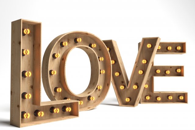 large decorative letters love with bulbs wood letters 3D Model .c4d .max .obj .3ds .fbx .stl .blend 