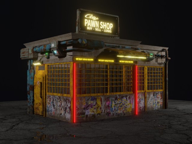 Low Poly Cyberpunk Pawn Shop for Games or Rendering 3D 模型 .c4d .max .obj .3ds .fbx .stl .blend 