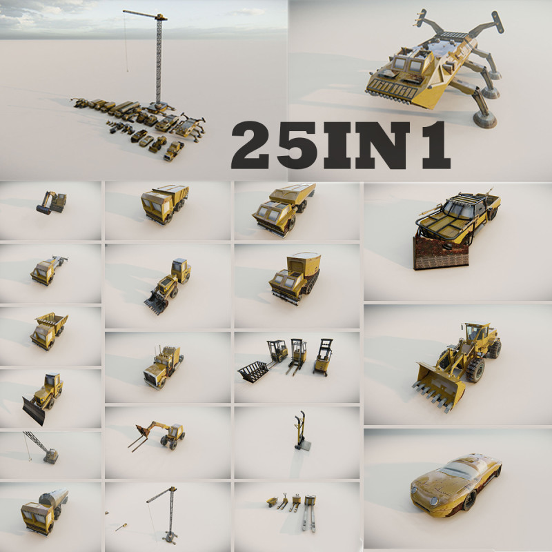 Heavy Construction Machinery Equipment Industrial 25 in 1 3D Model .c4d .max .obj .3ds .fbx .stl .blend 