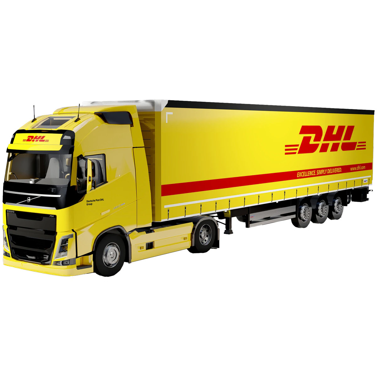 Volvo FH DHL Delivery Truck Logistics Semi Trailer 3D Model .c4d .max .obj .3ds .fbx .stl .blend 