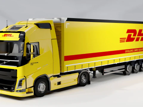 Volvo FH DHL Delivery Truck Logistics Semi Trailer 3D Model