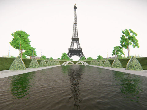 Eiffel Tower and Trocadro Gardens Paris Landmark 3D Model