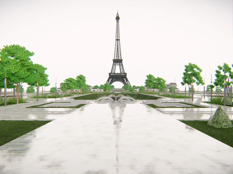 Eiffel Tower and Trocadro Gardens Paris Landmark 3D Model