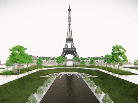 Eiffel Tower and Trocadro Gardens Paris Landmark 3D Model