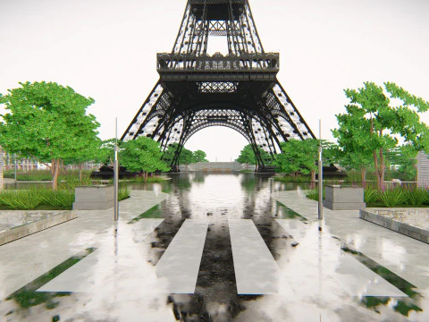 Eiffel Tower and Trocadro Gardens Paris Landmark 3D Model