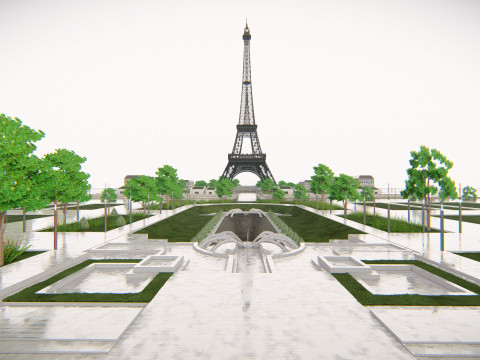 Eiffeltoren en Trocadero Gardens Parijs Landmark 3D Model