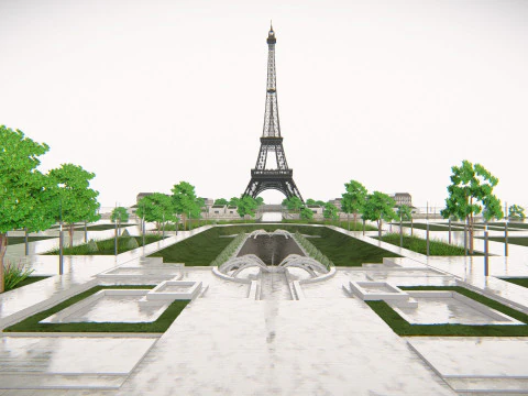 Eiffel Tower and Trocadro Gardens Paris Landmark 3D Model