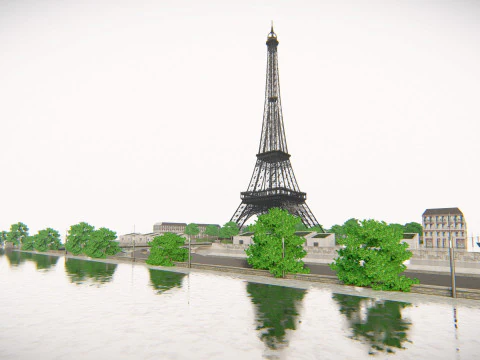 Eiffel Tower and Trocadro Gardens Paris Landmark 3D Model