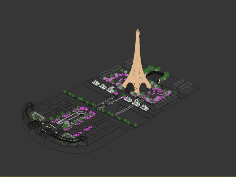 Eiffel Tower and Trocadro Gardens Paris Landmark 3D Model