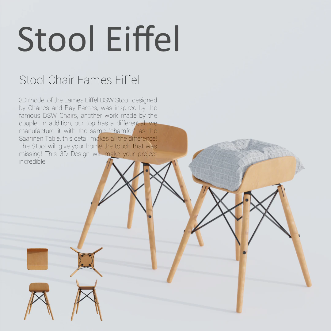 Chair Stool Eames Eiffel 3D Model .c4d .max .obj .3ds .fbx .stl .blend 