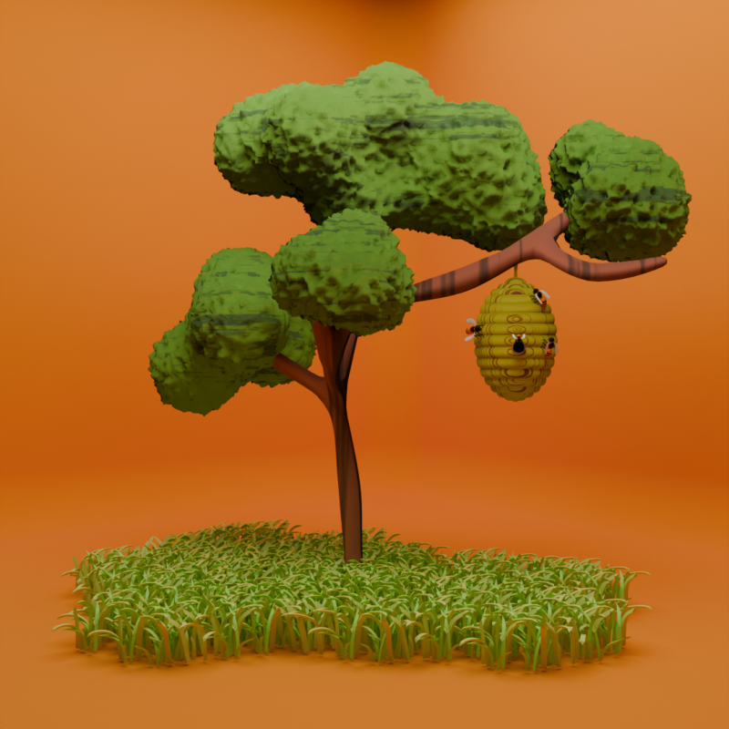Tree with Bee hive honey on Grass 3D Модель .c4d .max .obj .3ds .fbx .stl .blend