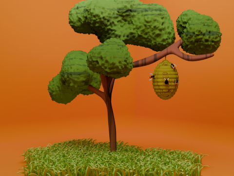 Tree with Bee hive honey on Grass 3D 模型